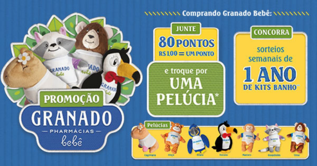 Coleção de pelúcias fofas da promoção Granado Bebê